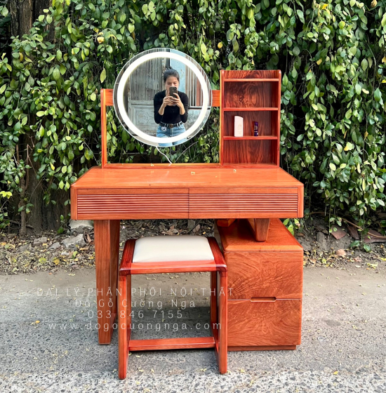 Bàn Phấn Trang Điểm Gỗ Hương Đá Tự Nhiên 1m Đèn Les Cảm Ứng 