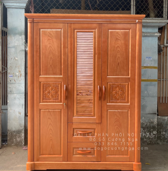 Tủ quần áo gỗ xoan đào 3 cánh mẫu hoa thị lá sách 
