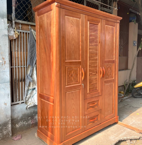 Tủ quần áo gỗ xoan đào 3 cánh mẫu hoa thị lá sách 