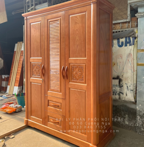 Tủ quần áo gỗ xoan đào 3 cánh mẫu hoa thị lá sách 