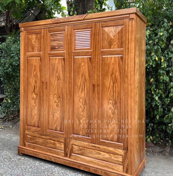 Tủ áo gỗ hương xám - 4 cánh mẫu chóp 