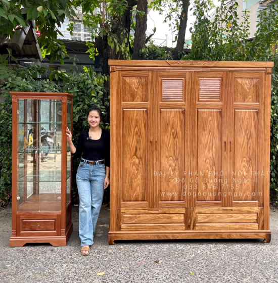 Tủ áo gỗ hương xám - 4 cánh mẫu chóp 