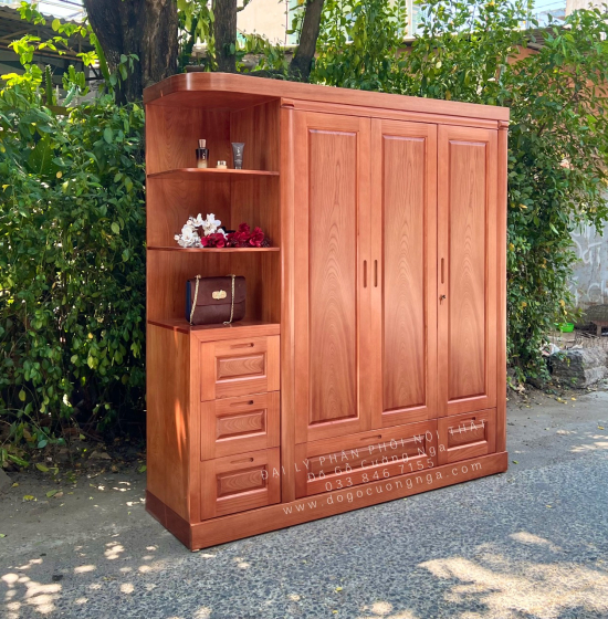 Tủ Quần Áo Gỗ Xoan Đào 3 Cánh 1m9 Kèm Kệ Trang Trí Hiện Đại 