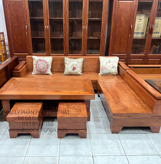 Bộ Bàn Ghế Sofa Gỗ Hương Đá Góc L 2m44x2m Cao Cấp 