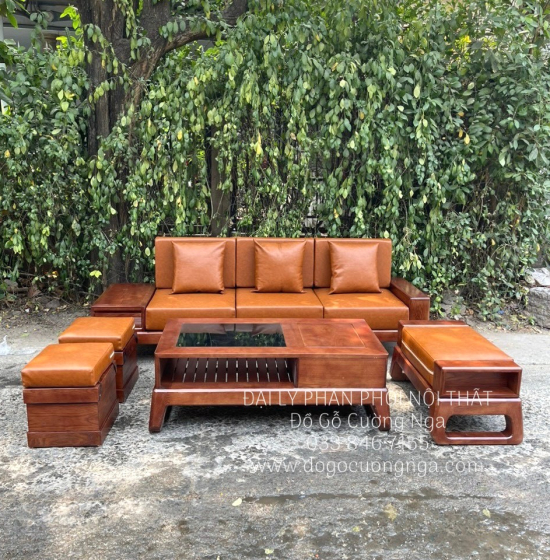 Bộ Bàn Ghế Sofa Gỗ Sồi Nga Văng 2m35 Lau Màu Óc Chó Nhỏ Gọn 