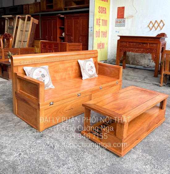 Giường Gấp Thông Minh Gỗ Gõ Đỏ 2 Ngăn Kéo Kết Hợp Bàn Sofa 