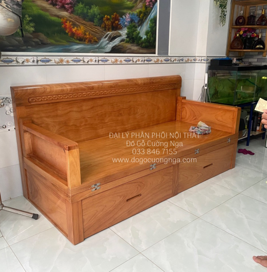 Giường Gấp Thông Minh Gỗ Gõ Đỏ 2 Ngăn Kéo Kết Hợp Bàn Sofa 