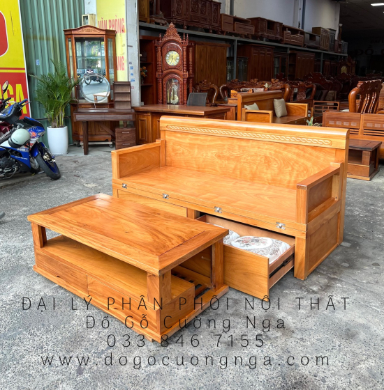 Giường Gấp Thông Minh Gỗ Gõ Đỏ 2 Ngăn Kéo Kết Hợp Bàn Sofa 
