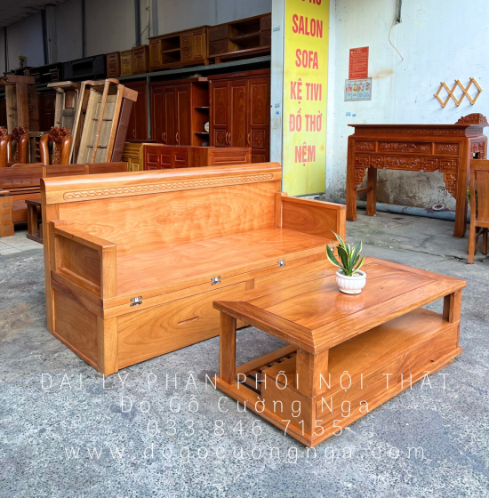 Giường Gấp Thông Minh Gỗ Gõ Đỏ 2 Ngăn Kéo Kết Hợp Bàn Sofa 