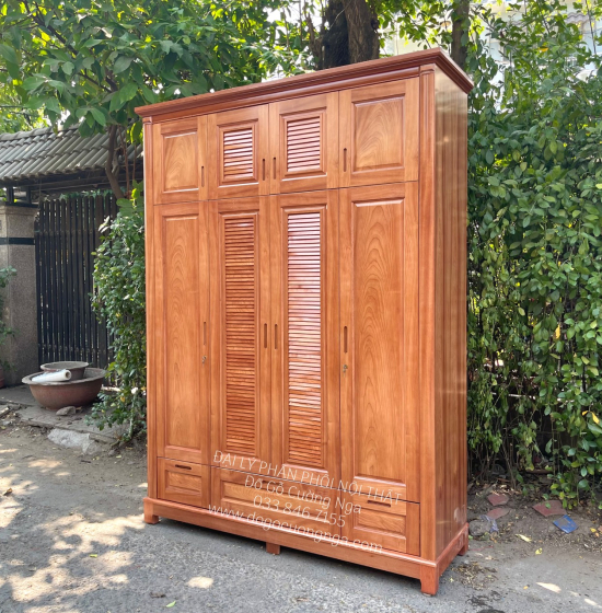 Tủ quần áo gỗ xoan đào 4 cánh - cao 2 tầng lá sách TX 31