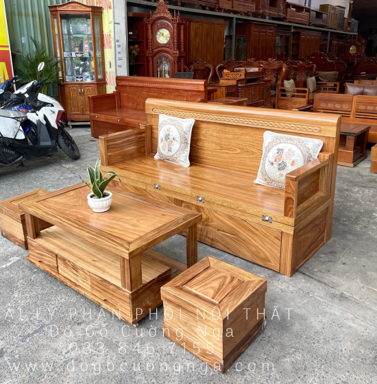 Giường Gấp Gọn Gỗ Hương Xám Kết Hợp Bàn Đôn Tiện Ích 