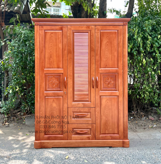 Tủ quần áo gỗ xoan đào 3 cánh mẫu hoa thị lá sách 