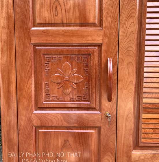 Tủ quần áo gỗ xoan đào 3 cánh mẫu hoa thị lá sách 