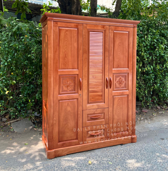 Tủ quần áo gỗ xoan đào 3 cánh mẫu hoa thị lá sách 