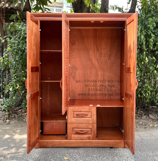 Tủ quần áo gỗ xoan đào 3 cánh mẫu hoa thị lá sách 