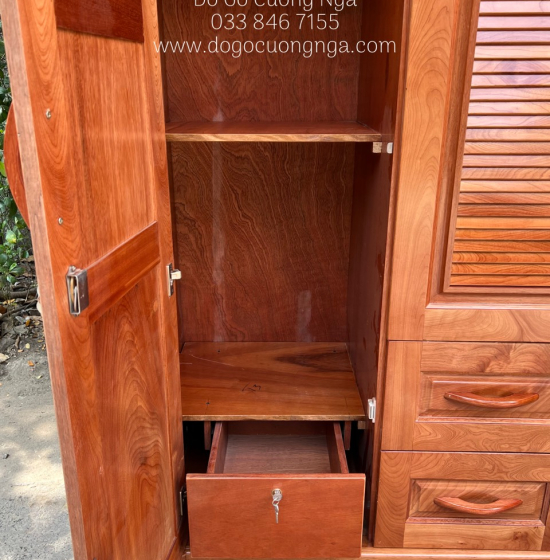 Tủ quần áo gỗ xoan đào 3 cánh mẫu hoa thị lá sách 