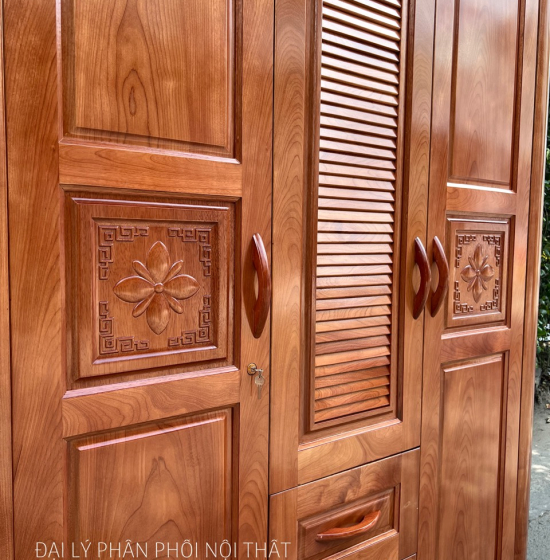Tủ quần áo gỗ xoan đào 3 cánh mẫu hoa thị lá sách 