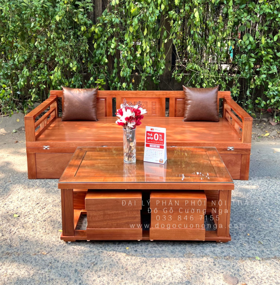 Giường Gấp Gọn Gỗ Xoan Đào Kèm Bàn Trà Sofa Và Đôn Ngồi 