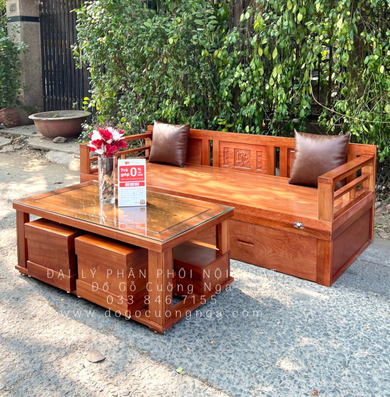 Giường Gấp Gọn Gỗ Xoan Đào Kèm Bàn Trà Sofa Và Đôn Ngồi 