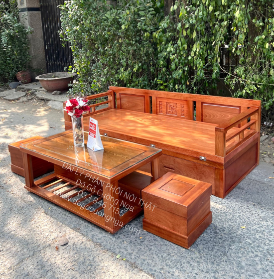 Giường Gấp Gọn Gỗ Xoan Đào Kèm Bàn Trà Sofa Và Đôn Ngồi 