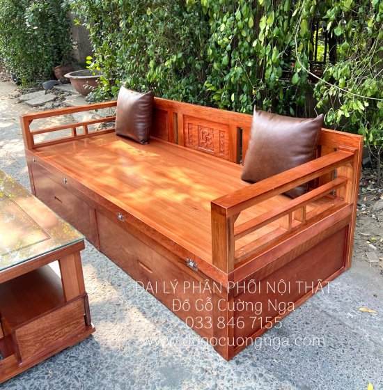 Giường Gấp Gọn Gỗ Xoan Đào Kèm Bàn Trà Sofa Và Đôn Ngồi 