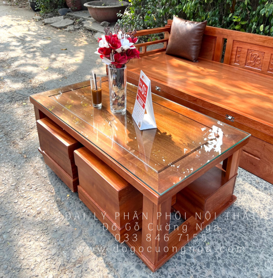 Giường Gấp Gọn Gỗ Xoan Đào Kèm Bàn Trà Sofa Và Đôn Ngồi 