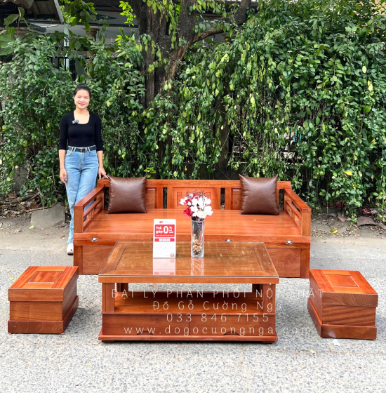Giường Gấp Gọn Gỗ Xoan Đào Kèm Bàn Trà Sofa Và Đôn Ngồi 