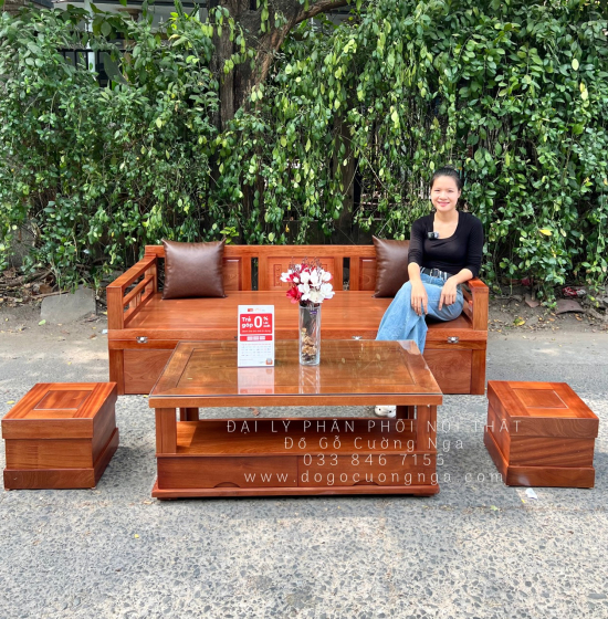 Giường Gấp Gọn Gỗ Xoan Đào Kèm Bàn Trà Sofa Và Đôn Ngồi 