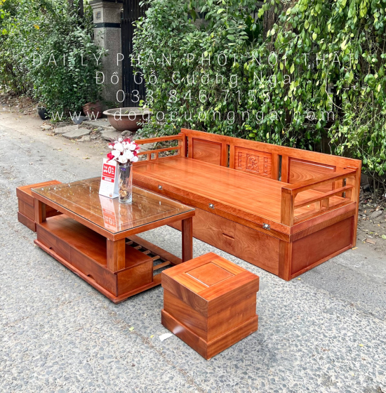 Giường Gấp Gọn Gỗ Xoan Đào Kèm Bàn Trà Sofa Và Đôn Ngồi 