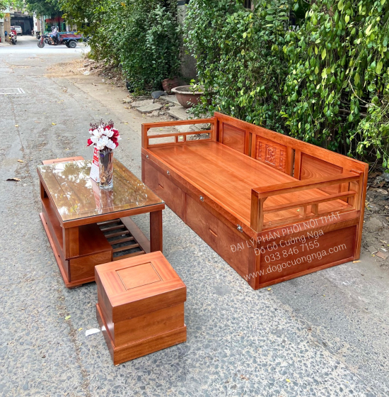 Giường Gấp Gọn Gỗ Xoan Đào Kèm Bàn Trà Sofa Và Đôn Ngồi 