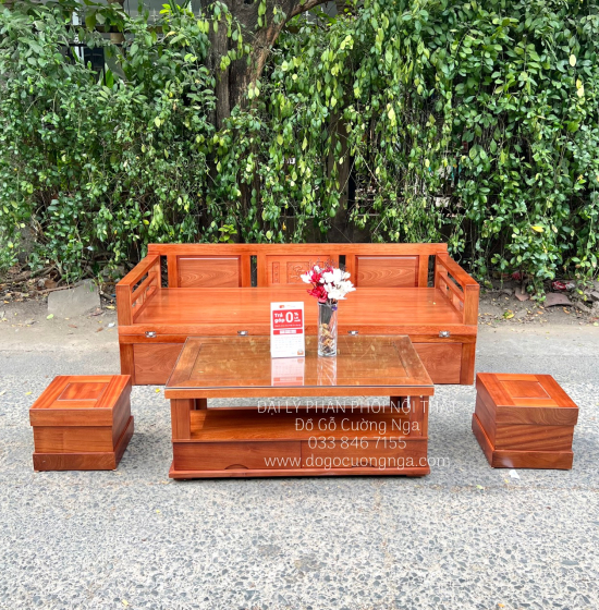 Giường Gấp Gọn Gỗ Xoan Đào Kèm Bàn Trà Sofa Và Đôn Ngồi 