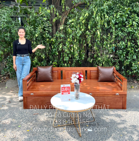 Ghế Gấp Thành Giường Gỗ Xoan Đào Ngăn Kéo Và Bàn Trà Mặt Đá 