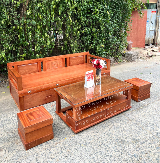 Giường Gấp Gọn Gỗ Xoan Đào Kèm Bàn Trà Sofa Và Đôn Ngồi 