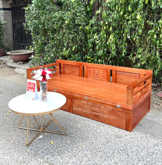 Ghế Gấp Thành Giường Gỗ Xoan Đào Ngăn Kéo Và Bàn Trà Mặt Đá 
