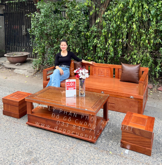 Giường Gấp Gọn Gỗ Xoan Đào Kèm Bàn Trà Sofa Và Đôn Ngồi 