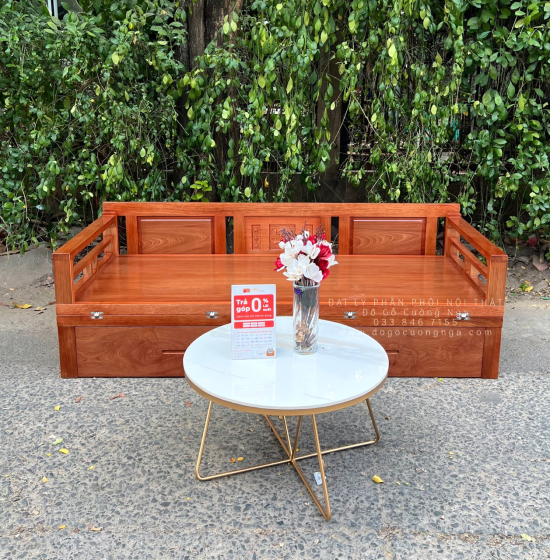 Ghế Gấp Thành Giường Gỗ Xoan Đào Ngăn Kéo Và Bàn Trà Mặt Đá 