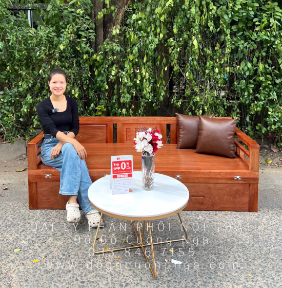 Ghế Gấp Thành Giường Gỗ Xoan Đào Ngăn Kéo Và Bàn Trà Mặt Đá 