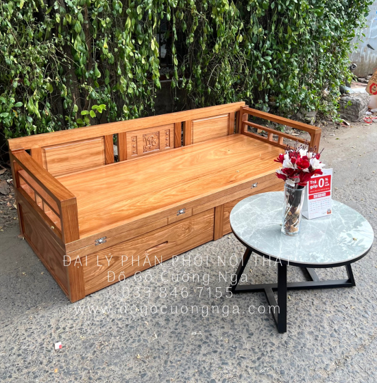 Giường Gấp Đa Năng Gỗ Hương Xám Ngăn Kéo - Kèm Bàn Trà Đôn Ngồi Giá Rẻ 
