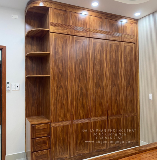 Tủ Quần Áo Gỗ Cẩm Vân 4 Cánh Góc Cao 2 Tầng CV29.1