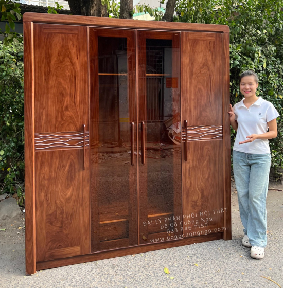 Tủ Quần Áo Gỗ Hương Xám 4 Cánh Kính Màu Óc Chó Cao Cấp 