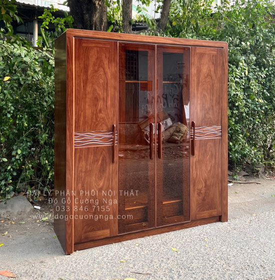 Tủ Quần Áo Gỗ Hương Xám 4 Cánh Kính Màu Óc Chó Cao Cấp 