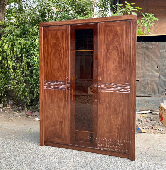 Tủ Quần Áo Gỗ Hương Xám 3 Cánh Màu Óc Chó Cánh Kính Cường Lực 