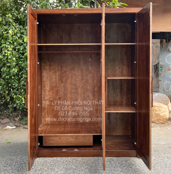 Tủ Quần Áo Gỗ Hương Xám 3 Cánh Màu Óc Chó Cánh Kính Cường Lực 