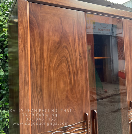 Tủ Quần Áo Gỗ Hương Xám 4 Cánh Kính Màu Óc Chó Cao Cấp 