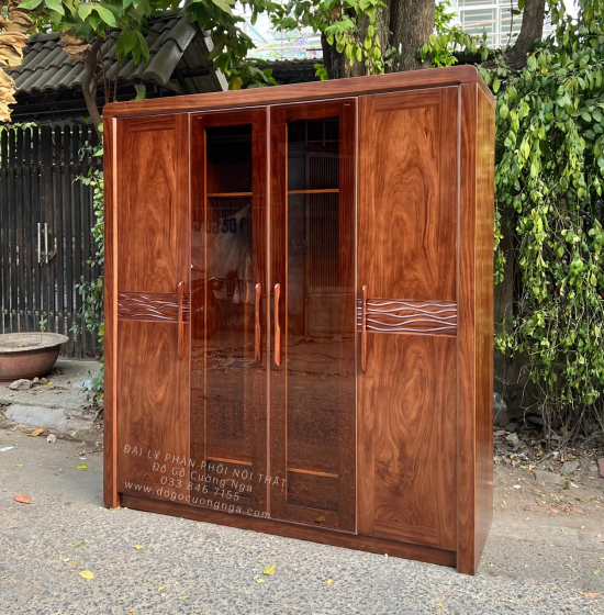 Tủ Quần Áo Gỗ Hương Xám 4 Cánh Kính Màu Óc Chó Cao Cấp 
