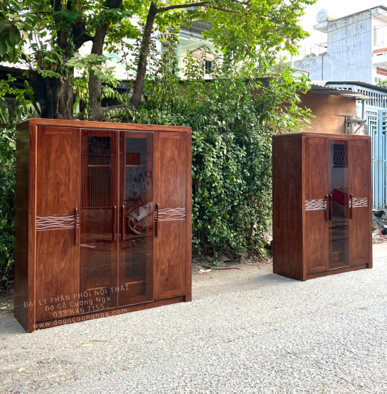 Tủ Quần Áo Gỗ Hương Xám 4 Cánh Kính Màu Óc Chó Cao Cấp 