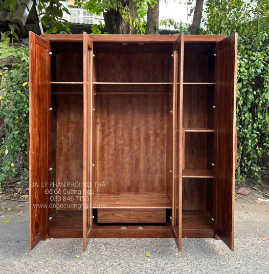 Tủ Quần Áo Gỗ Hương Xám 4 Cánh Kính Màu Óc Chó Cao Cấp 