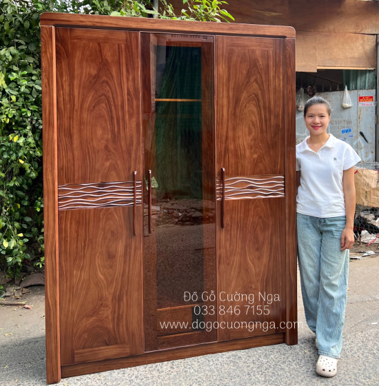 Tủ Quần Áo Gỗ Hương Xám 3 Cánh Màu Óc Chó Cánh Kính Cường Lực 