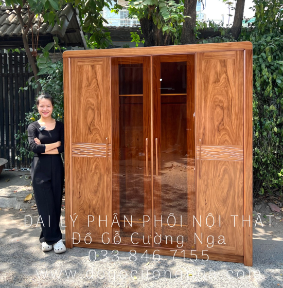Tủ Quần Áo Gỗ Hương Xám 4 Cánh Kính Hiện Đại Chất Lượng 