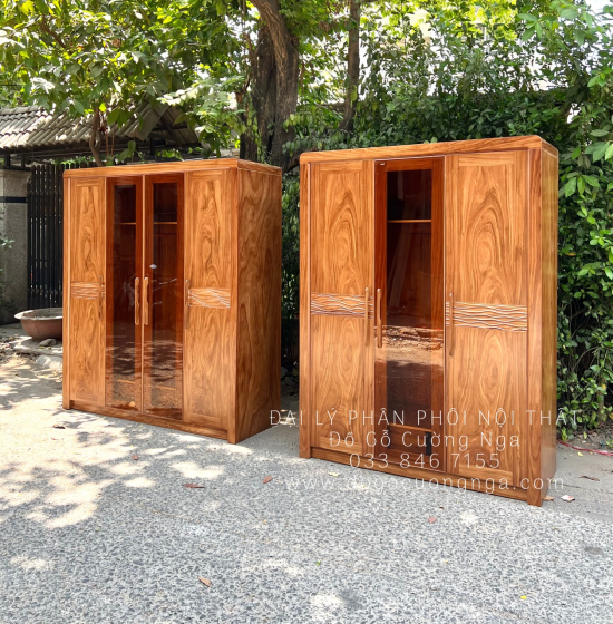 Tủ Quần Áo Gỗ Hương Xám 4 Cánh Kính Hiện Đại Chất Lượng 